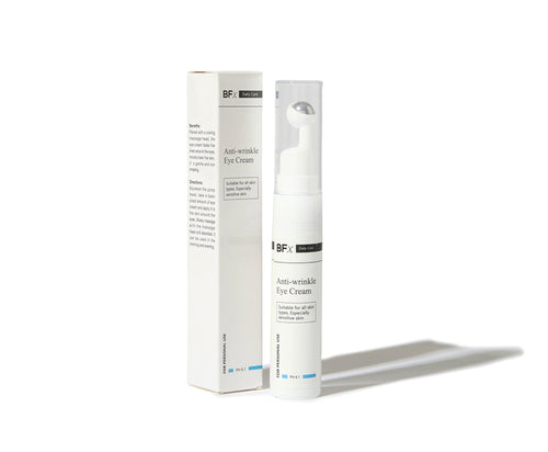 A white skincare pump bottle labeled 'BF Anti-wrinkle Eye Cream' stands next to its matching white rectangular box on a clean white background.