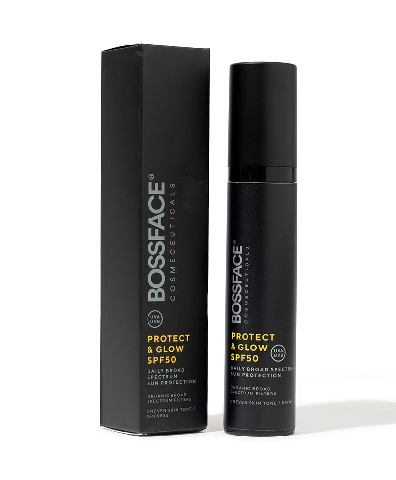 BOSFACE Cosmeceuticals Protect & Glow SPF50 sunscreen bottle and matching black outer box, displayed on a clean white background.
