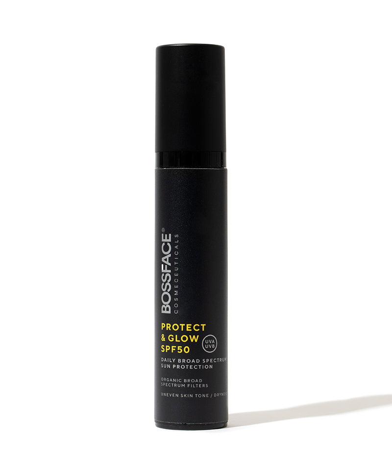 A black cylindrical bottle of BOSSFACE PROFESSIONAL Protect & Glow SPF50 sunscreen, standing upright on a white background with a soft shadow.