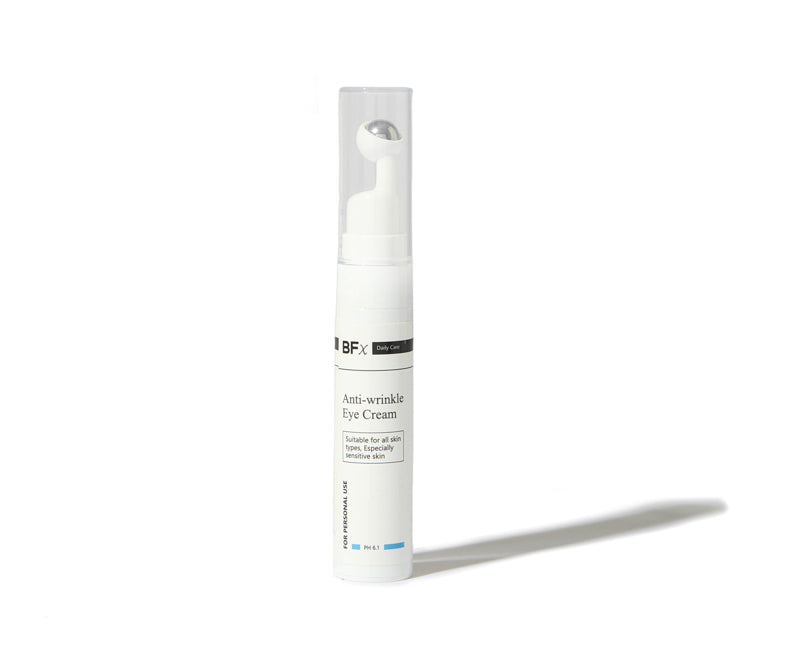 A white cylindrical cosmetic tube labeled 'BF x Anti-wrinkle Eye Cream' with a clear cap and visible roller ball, photographed on a clean white background with a soft shadow.