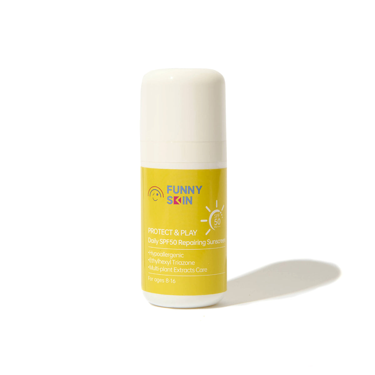 A sunscreen bottle by Funny Skin on a white background with a soft shadow. The bottle has a white cap and base with a bright yellow label featuring blue and orange text.