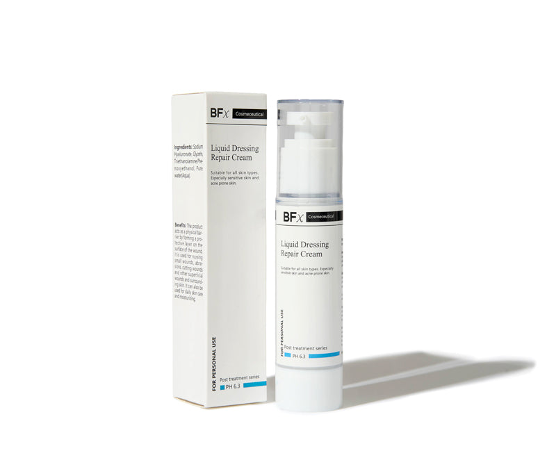 A white cosmetic pump bottle and its matching white cardboard packaging box for BfX Liquid Dressing Repair Cream, set against a clean white background with a soft shadow.