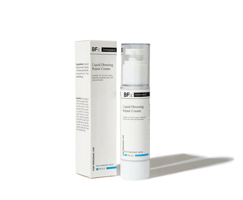 A white cosmetic pump bottle and its matching white cardboard packaging box for BfX Liquid Dressing Repair Cream, set against a clean white background with a soft shadow.