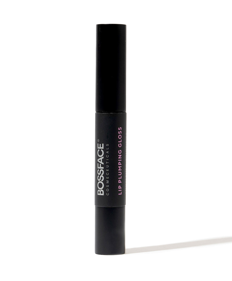 BOSSFACE Cosmeceuticals Lip Plumping Gloss in a sleek black cylindrical tube, shown against a clean white background with a soft shadow.