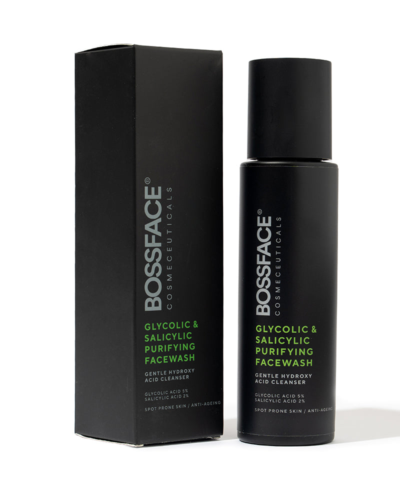 Boss Face Cosmeceuticals Glycolic & Salicylic Purifying Facewash shown as a black bottle next to its matching black packaging box on a white background.