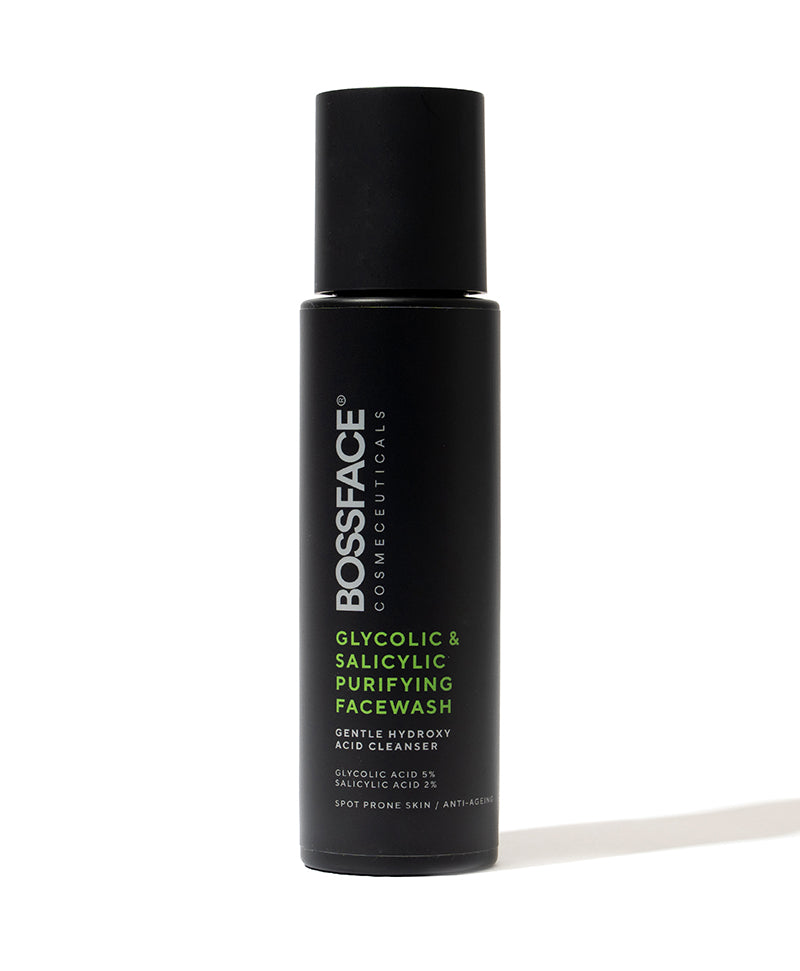 A black cylindrical bottle of BOSSFACE COSMECEUTICALs Glycolic & Salicylic Purifying Facewash on a clean white background with a soft shadow.
