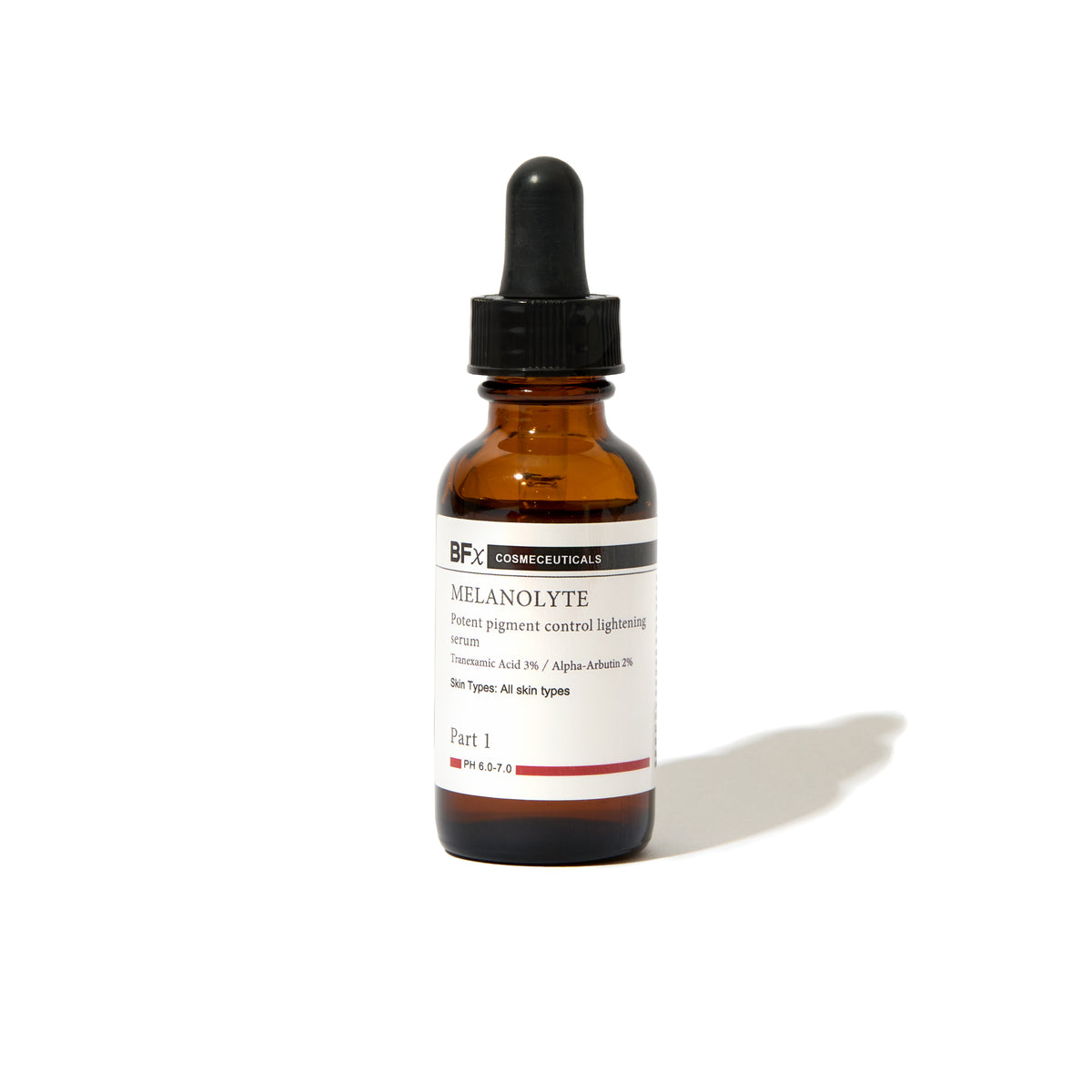 An amber glass dropper bottle of BFx Cosmeceuticals Melanolyte, Part 1, with a black dropper cap and white label, set against a plain white background with a soft shadow.