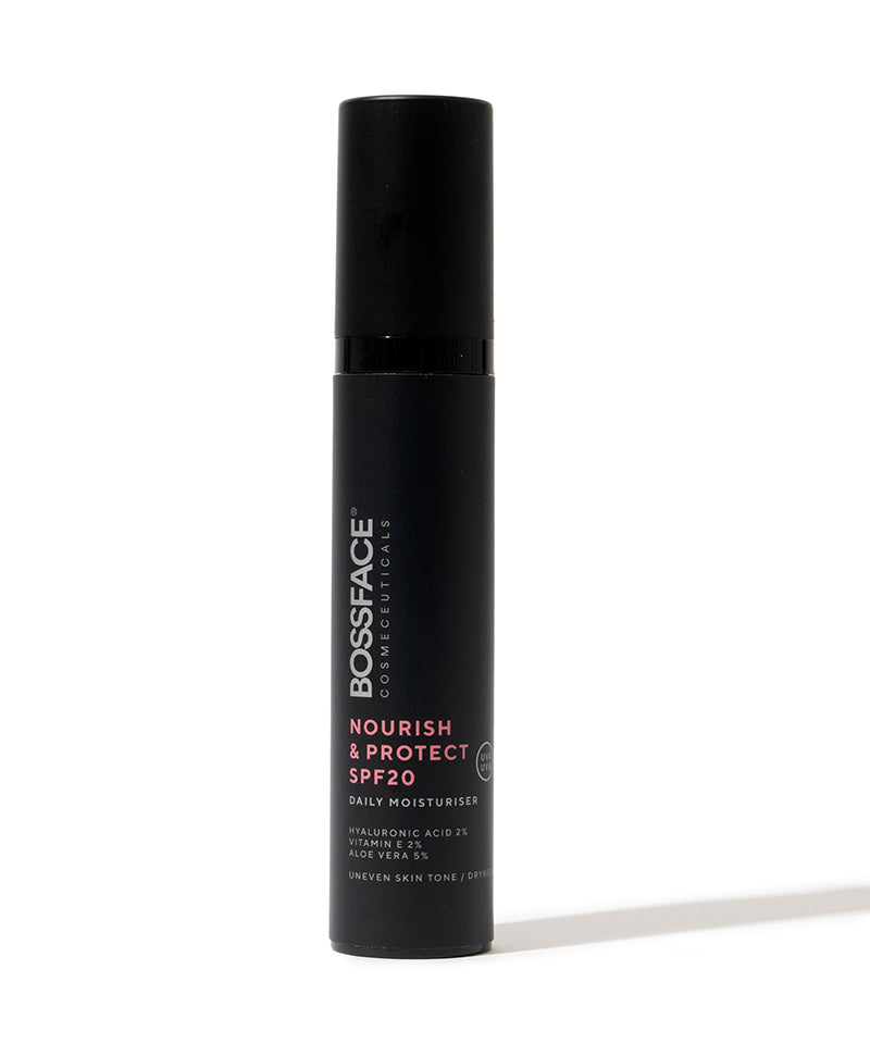 A black cylindrical pump bottle of BOSSFACE COSMÉTICS Nourish & Protect SPF20 Daily Moisturiser, standing upright on a white background with a soft shadow.