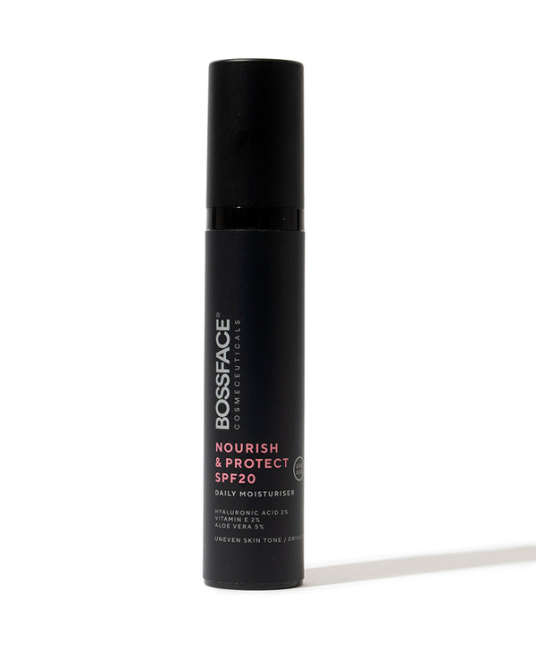 A black cylindrical pump bottle of BOSSFACE COSMÉTICS Nourish & Protect SPF20 Daily Moisturiser, standing upright on a white background with a soft shadow.