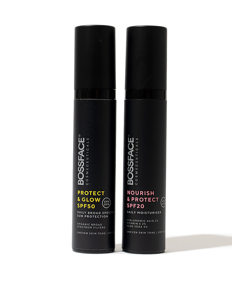 Two BOSSFACE COSMECEUTICALS SPF sunscreen bottles standing side by side on a white background. The right bottle is matte black with pink and white text reading 'NOURISH & PROTECT SPF20'. he left bottle is matte black with yellow and white text reading 'PROTECT & GLOW SPF50