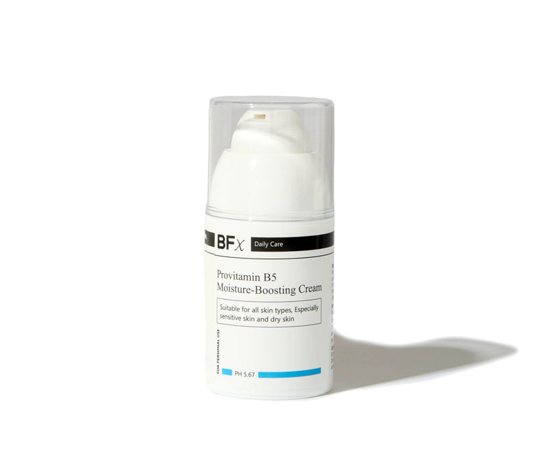 A white pump bottle of BFX Provitamin B5 Moisture-Boosting Cream with a clear cap, shown on a white background with a soft shadow.