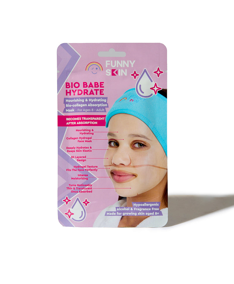 A retail package of Funny Skin Bio Babe Hydrate face mask, featuring a pink and purple design with a model wearing a blue face mask.