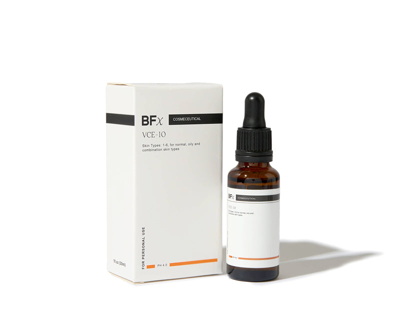 A cosmetic dropper bottle and its product box for BFX VCE-10, a commercial hair building and density solution, shown on a clean white background.