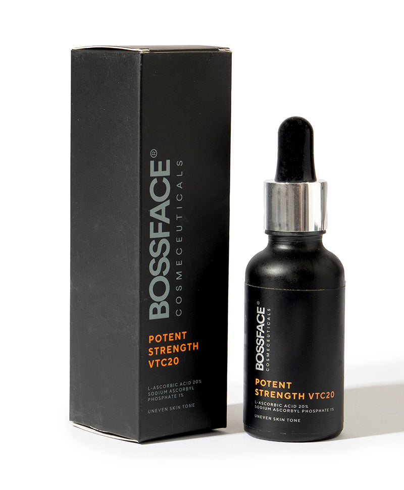 Bossface Cosmeceuticals Potent Strength VTC20 serum in a black dropper bottle next to its black packaging box, on a white background.