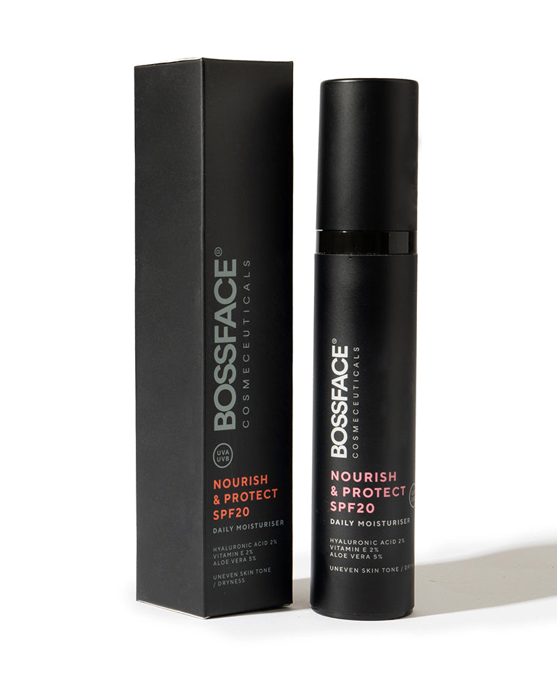 BOSFACE Cosmeceuticals nourish & protect SPF20 daily moisturizer shown in a black cylindrical bottle next to its black rectangular box packaging on a white background.