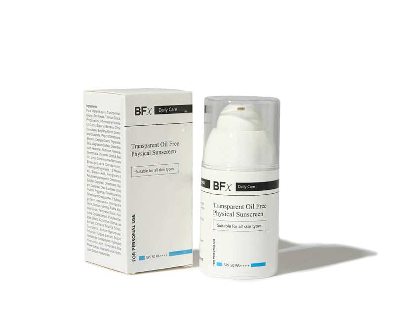 BFx Daily Care Transparent Oil Free Physical Sunscreen bottle next to its product box, displayed on a clean white background with a soft shadow.