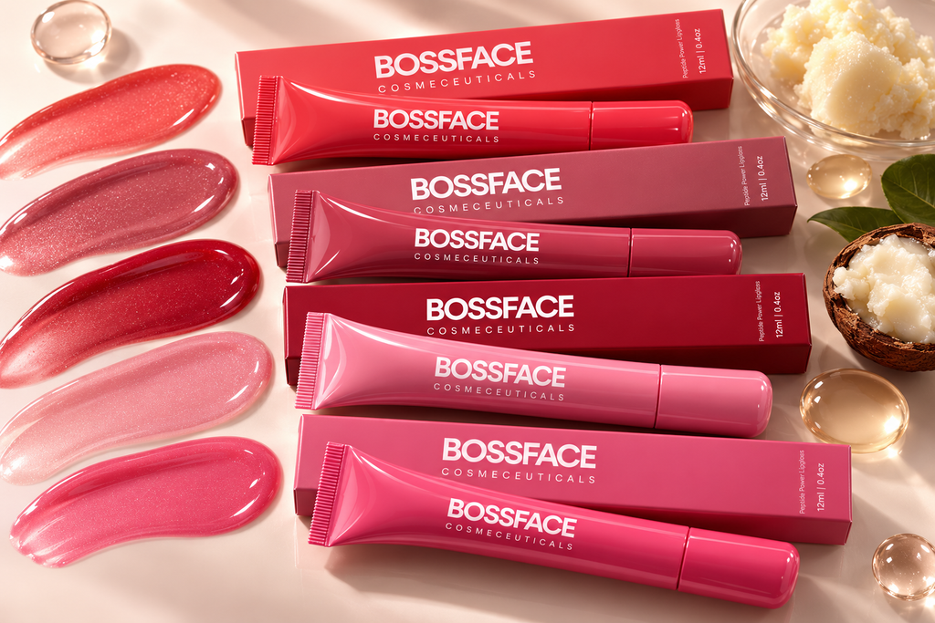 Five BOSSFACE Cosmetics blush tubes in shades of pink, red, and mauve, arranged diagonally with their matching red boxes and cosmetic swatches on a light beige background.