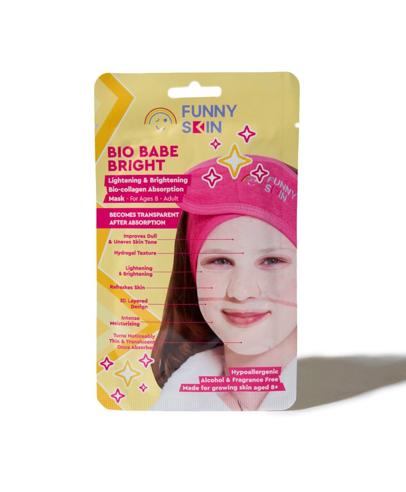 Funny Skin Bio Babe Bright acne mask packaging, featuring a yellow and pink design with a model wearing a pink mask cap, shown on a white background.