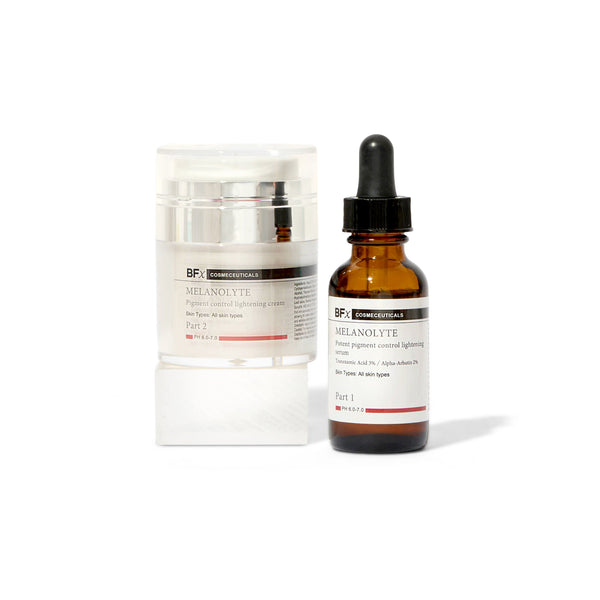 A skincare set featuring an amber glass dropper bottle of Bf Cosmetics Melanolyte Part 1 and a white jar of Bf Cosmetics Melanolyte Part 2, displayed on a clean white background.