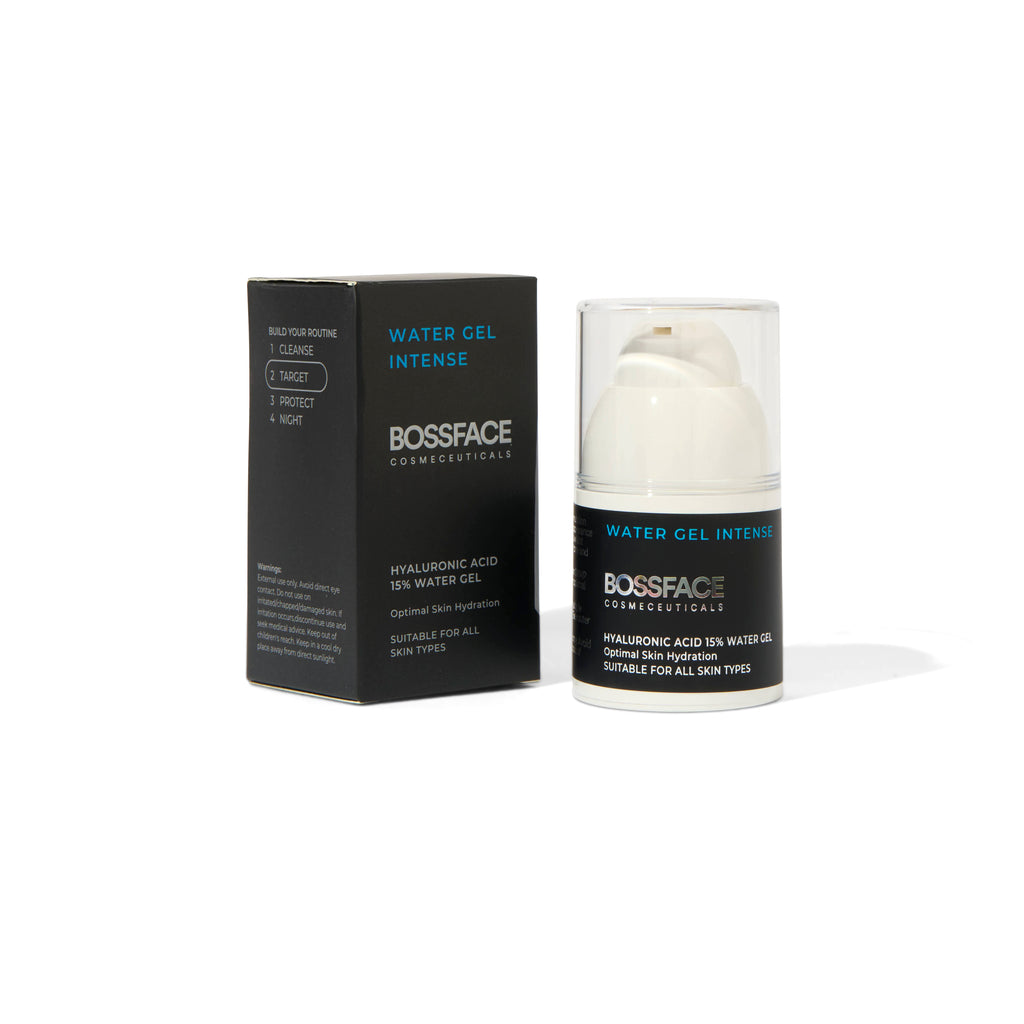 BOSSFACE COSMECEUTICALs Water Gel Intense hyaluronic acid 15% water gel shown with its black retail box and clear cap pump bottle on a white background.