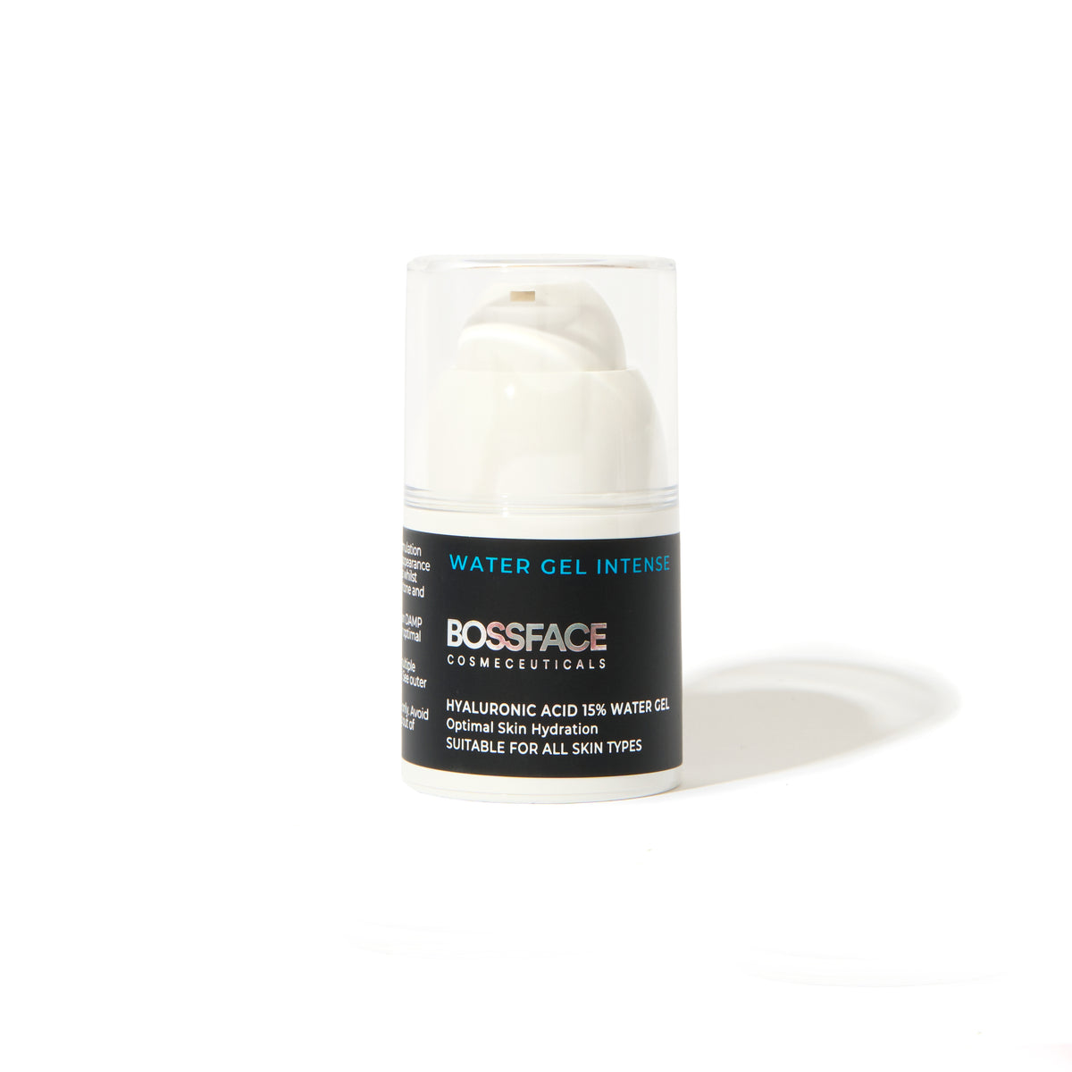 A bottle of Bossface Cosmeceuticals Hyaluronic Acid 15% Water Gel, featuring a white pump and a black label with blue and white text, set against a plain white background.