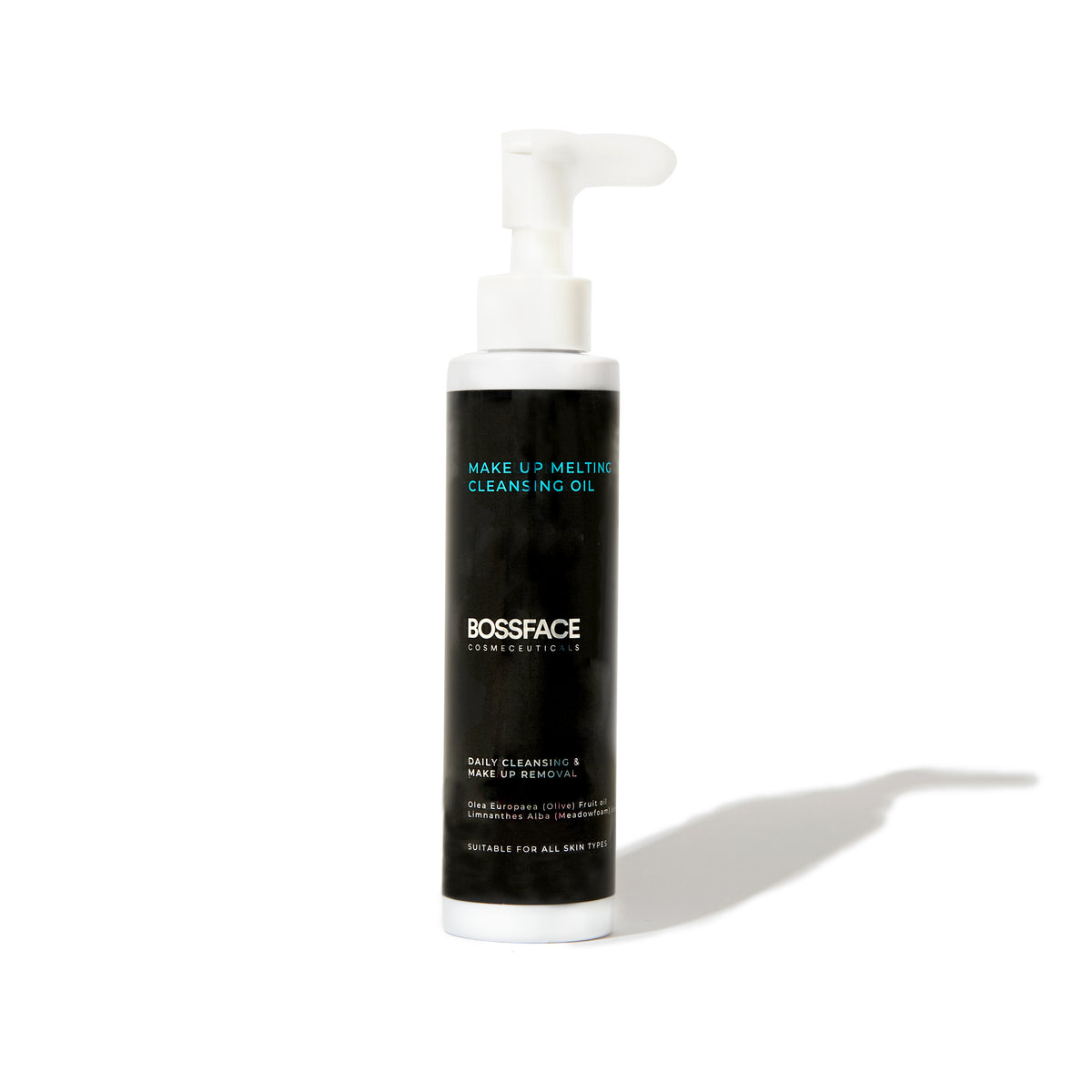 A bottle of BOSSFACE Make Up melting Cleasnser on a white background with a soft shadow.