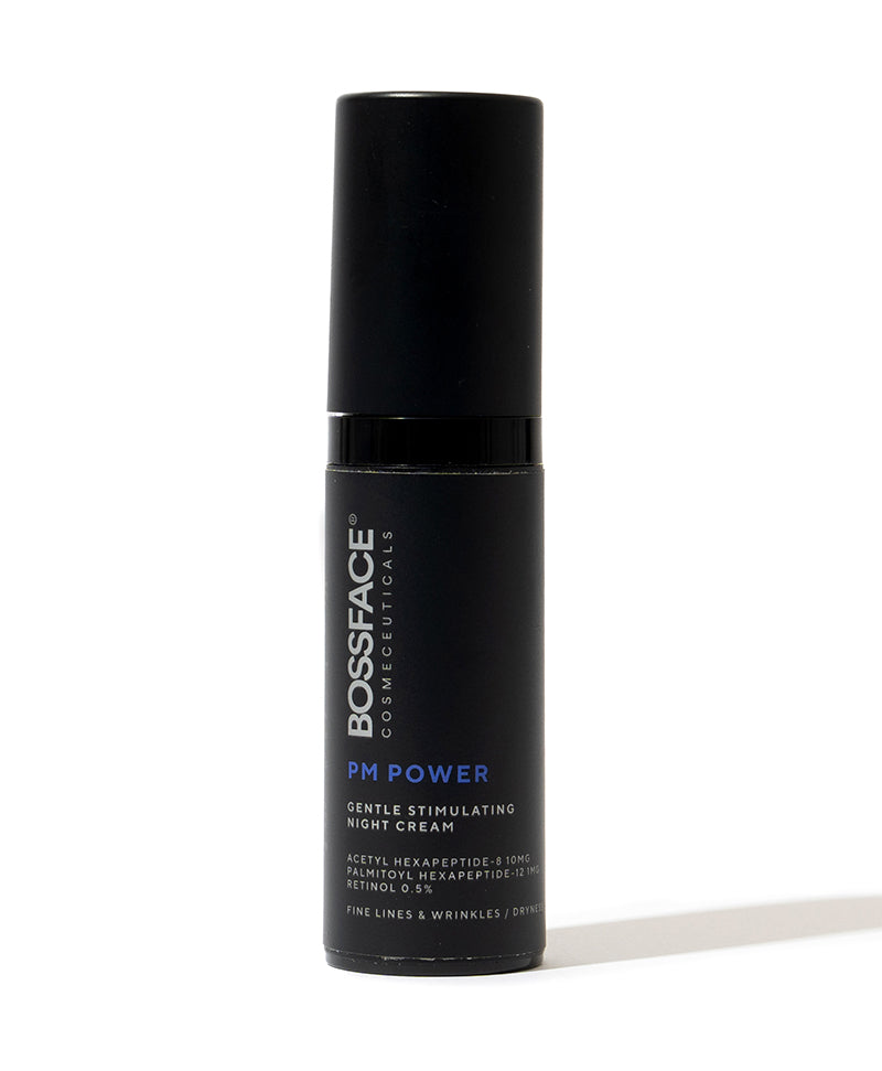 A black cylindrical cosmetic tube for bossface Cosmeceuticals PM Power over Night Cream, featuring blue and white text, set against a plain white background with a soft shadow.