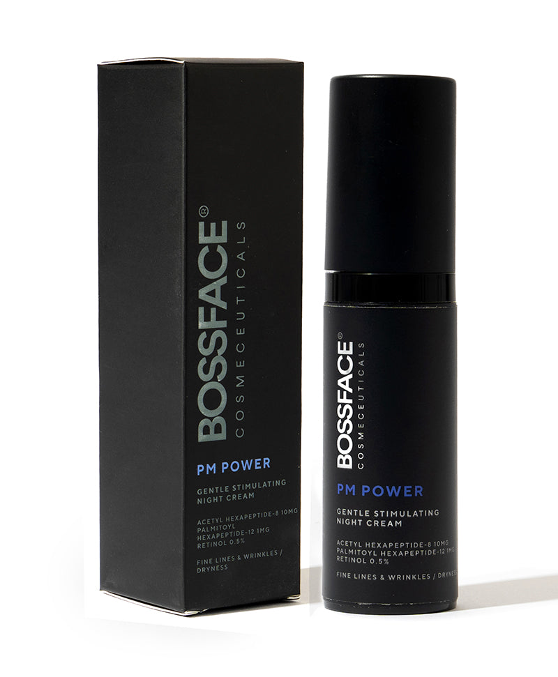 Bossface Cosmeceuticals PM Power over Night Cream shown with its black outer box and the black cylindrical pump bottle on a white background.