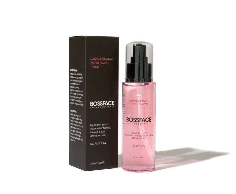 BOSFACE COSMECEUTICALS Damaskus Rose Watered Facial Toner shown with its black packaging box on a white background.