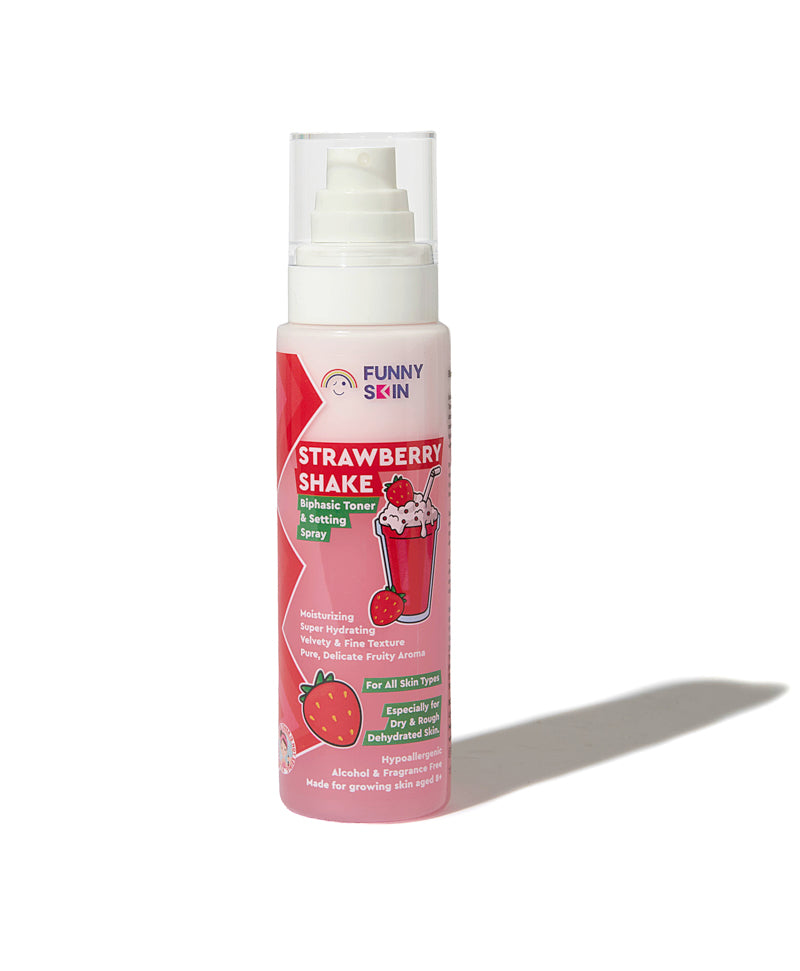 A bottle of Funny Skin Strawberry Shake Hydrating Toner & Lip Balm Spray on a white background with a soft shadow.