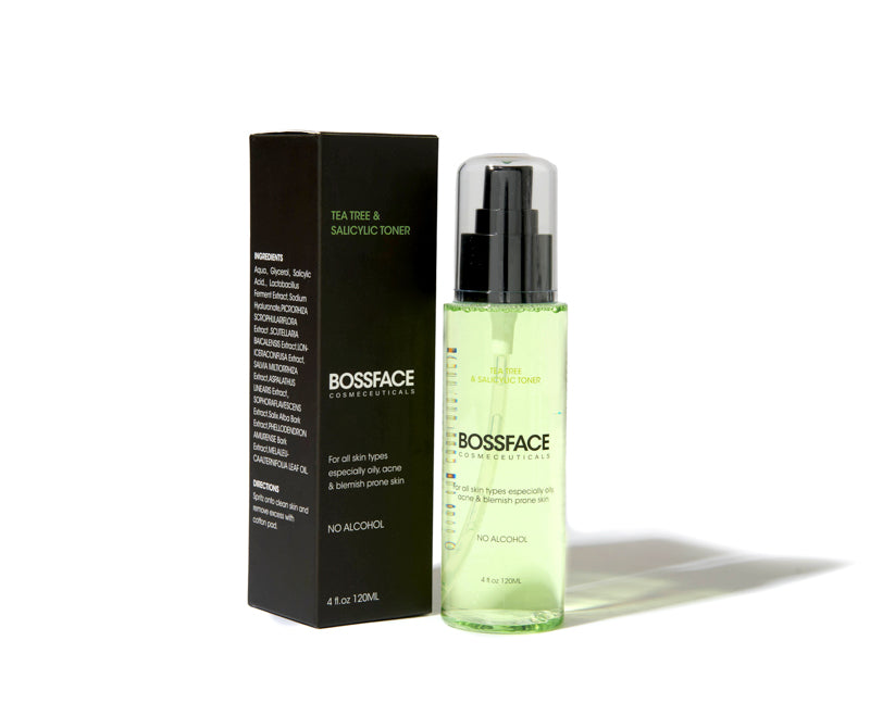 BOSSFACE COSMETICS Tea Tree & Sanguinic Toner bottle with a black pump and clear cap, standing next to its black product box on a white background.