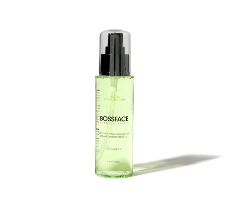 BOSSFACE Clear + Brighten Toner in a clear bottle with a black spray pump and a light green liquid, shown on a white background with a soft shadow.