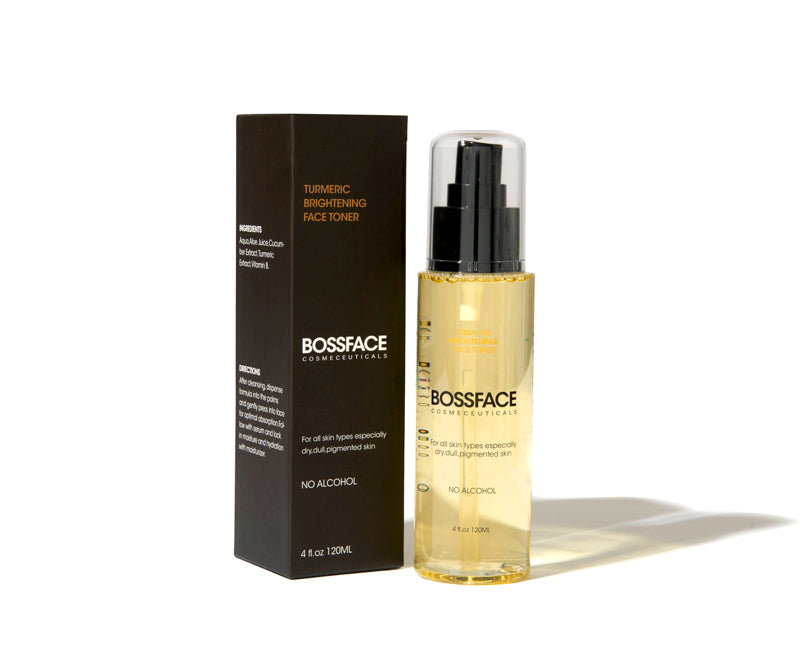 BOSSFACE THURMING BRIGHTENING FACE TONER with its black packaging box and clear bottle containing golden-yellow liquid, set against a plain white background.
