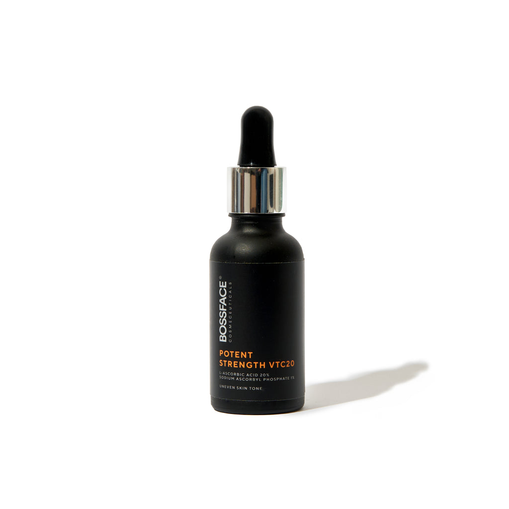 A black dropper bottle of BOSSFACE Cosmeceuticals Potent Strength VTC20 serum, featuring a black dropper cap with a silver collar, set against a clean white background with a soft shadow.