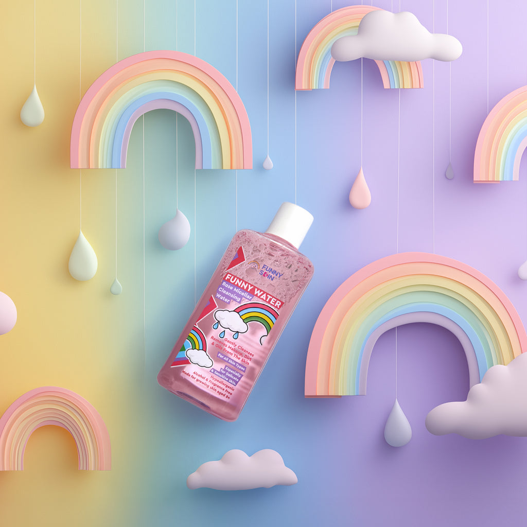 A pink bottle of kids''FUNNY WATER' with cartoon clouds and rainbows, floating against a pastel gradient background decorated with 3D rainbow arches, clouds, and hanging raindrops.