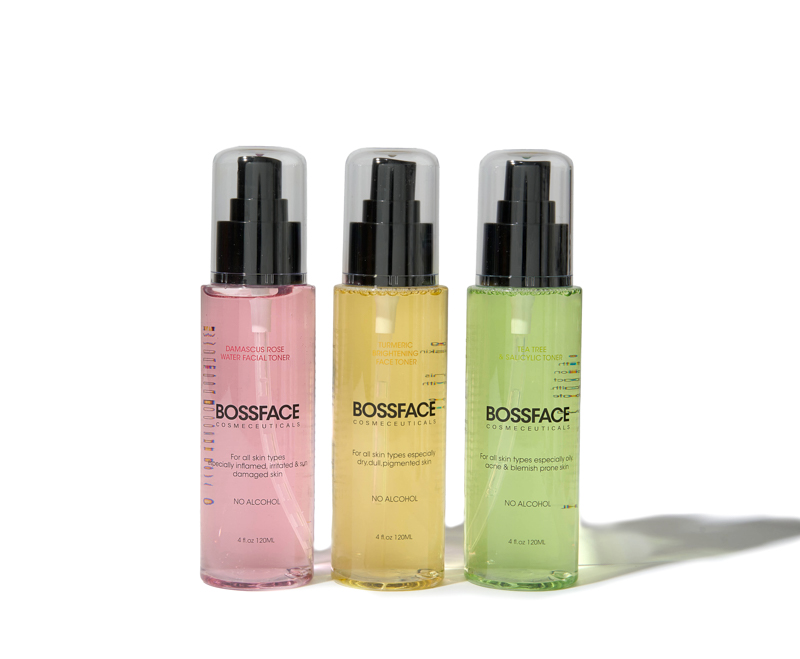 All three toners - new packaging All three BOSSFACE toners in a line with a white background