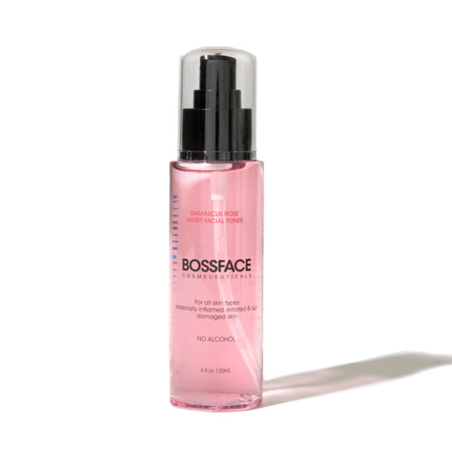 BOSSFACE Rose water toner in a clear bottle with white background