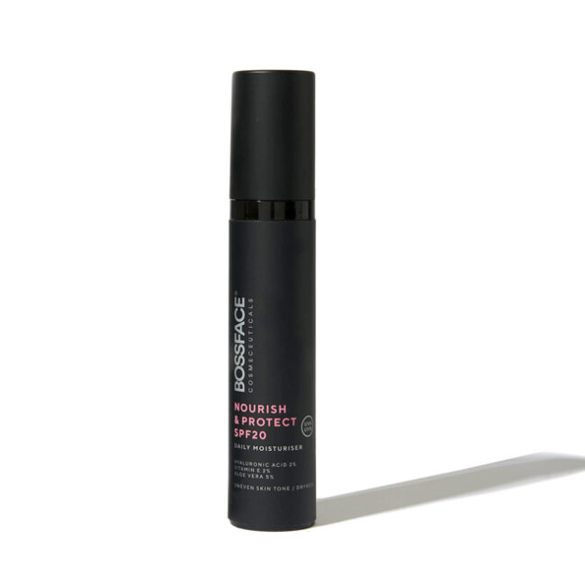 Nourish and Protect Bossface black skincare bottle on white background
