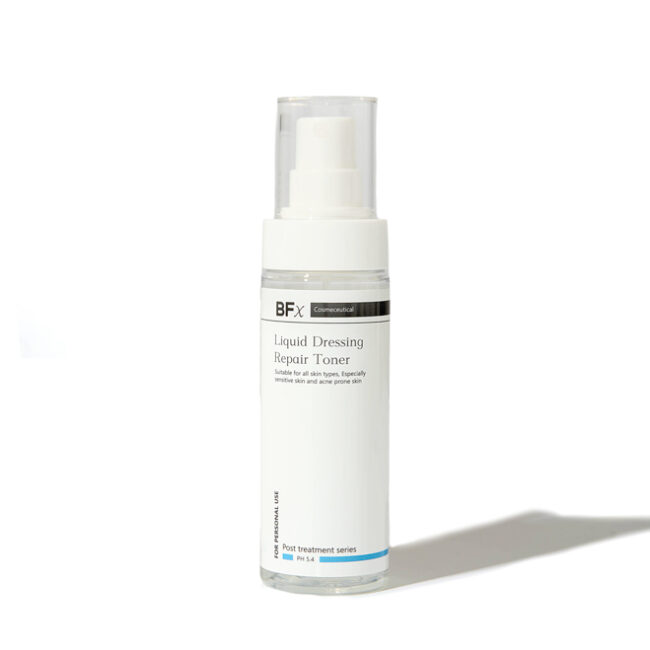 Bfx Liquid Repair dressing toner skincare product in a white bottle with a white background