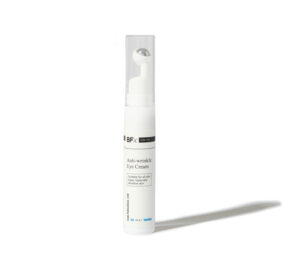 Bfx Anti wrinkle eye cream in a white bottle against a white background