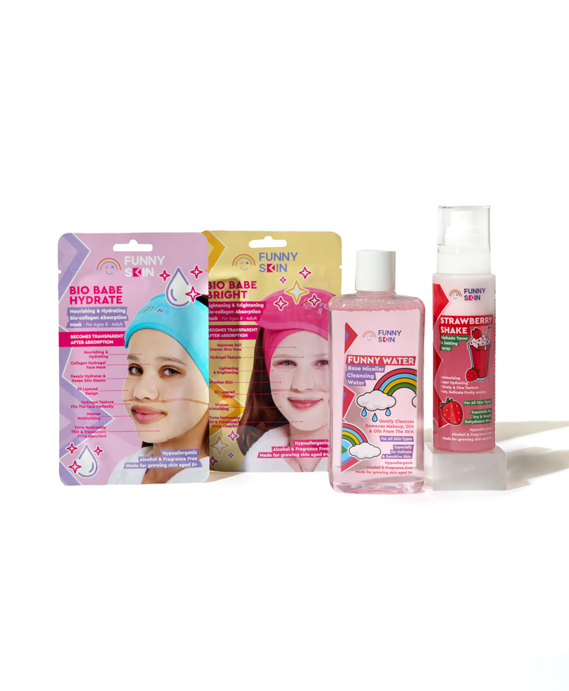 19fs four funny skin products lined up in a row. white background