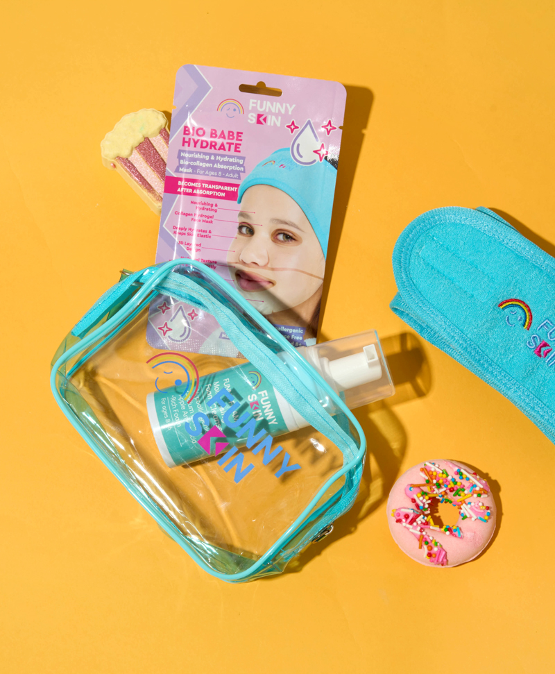 30fs (1) funny skin bio babe hydrating mask red packaging on a yellow background with a blue headband