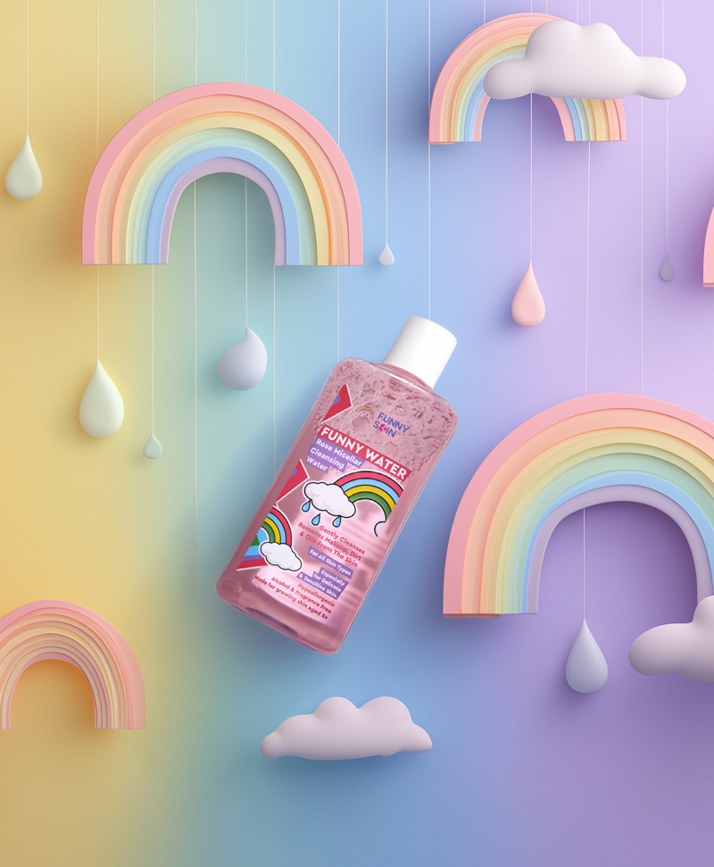 funny skin micellar water on a rainbow background